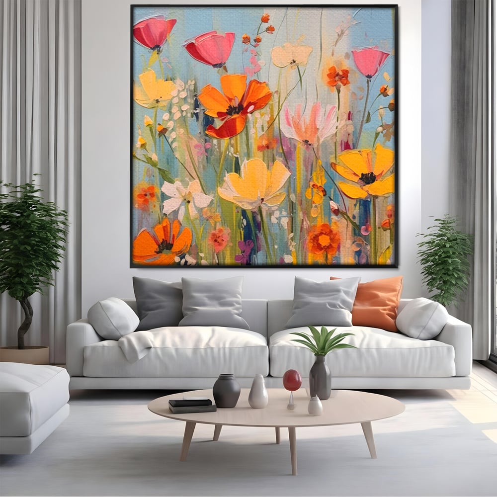 Tablou canvas cu pictura in cutit cu flori de camp, in rama de aluminiu negru, pe perete intr-un living